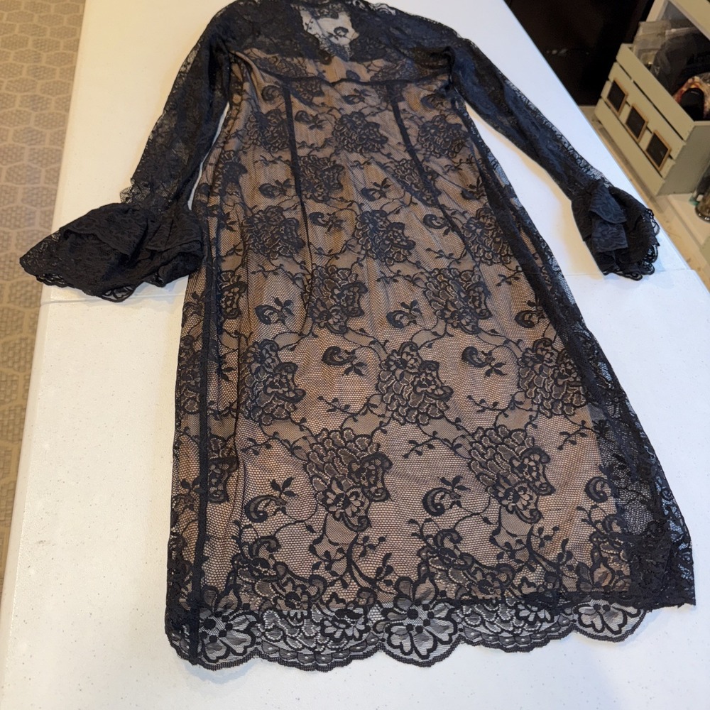 Black Floral Lace Long Sleeve Midi Dress with Bell Cuffs goth sex timeless - Picture 13 of 16